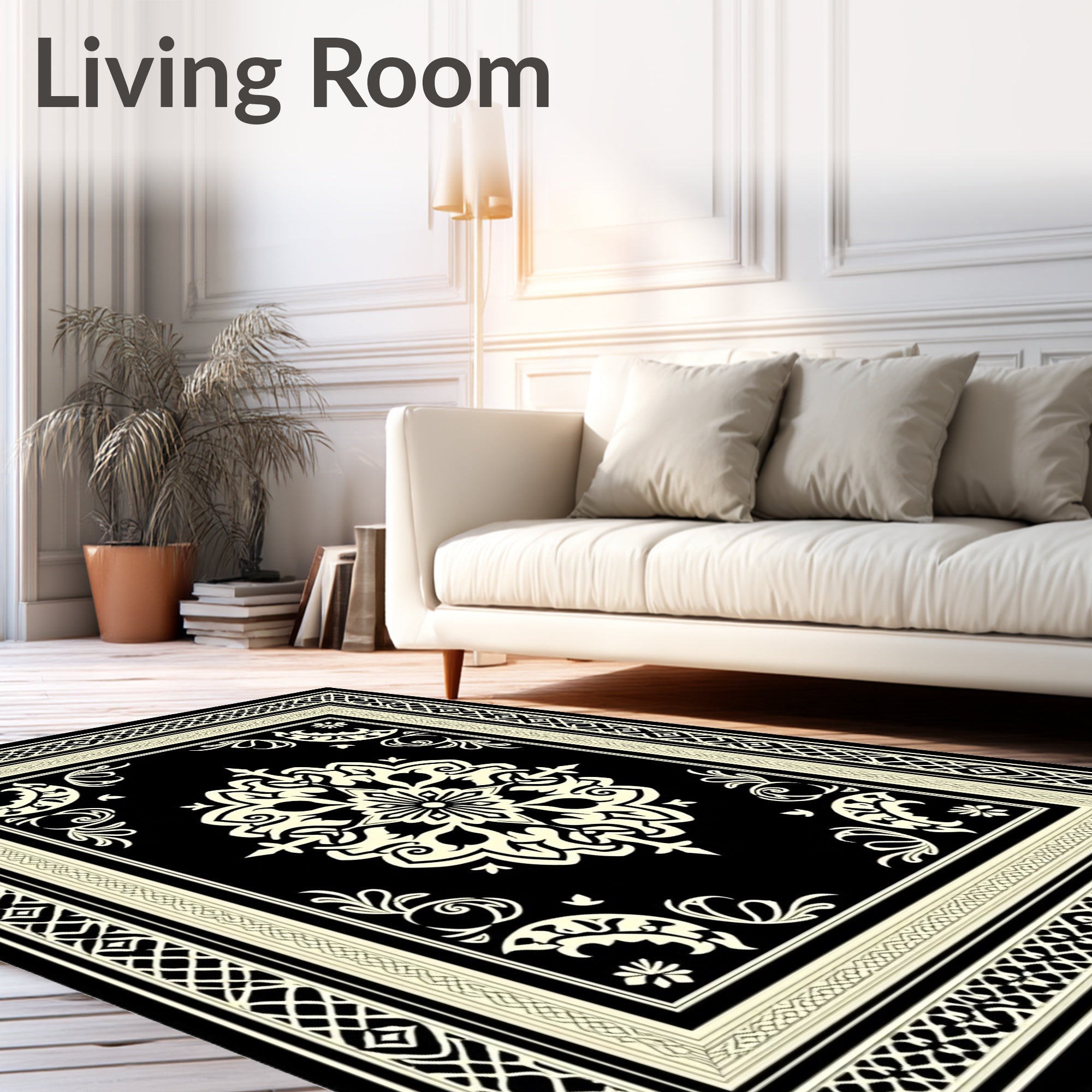 Ornate Black Cream Medallion Border Rug