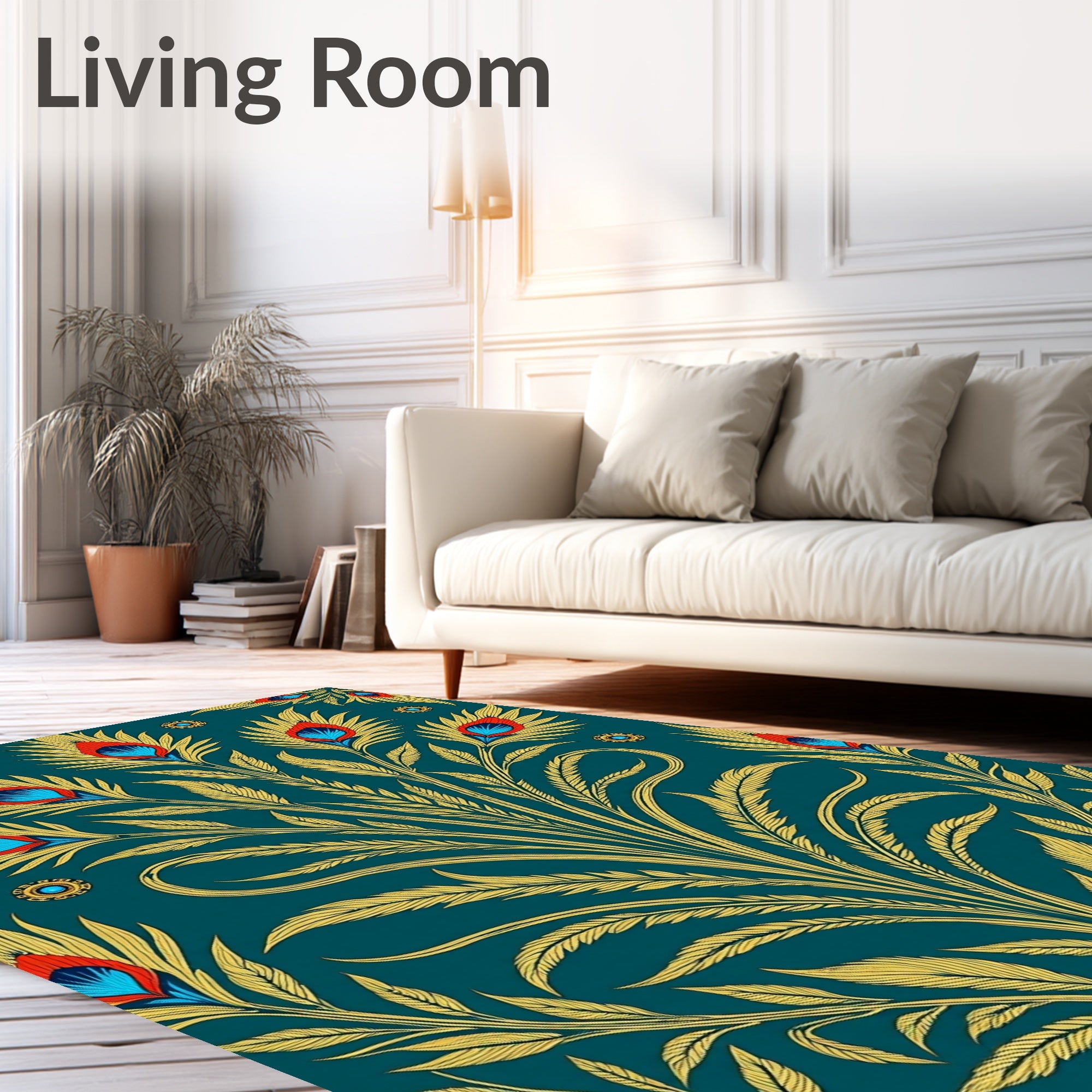 Golden Peacock Feather Teal Medallion Rug