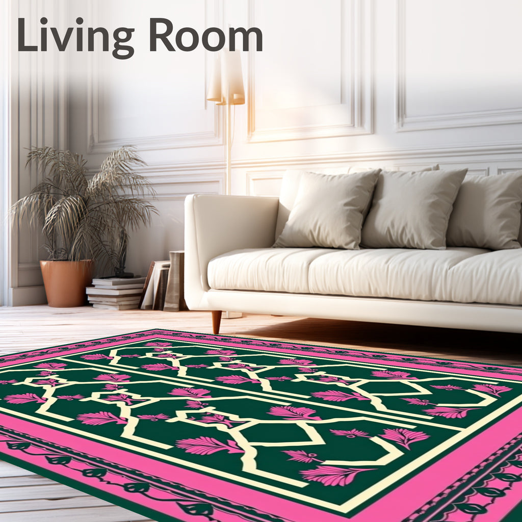 Emerald Pink Geometric Floral Lattice Rug