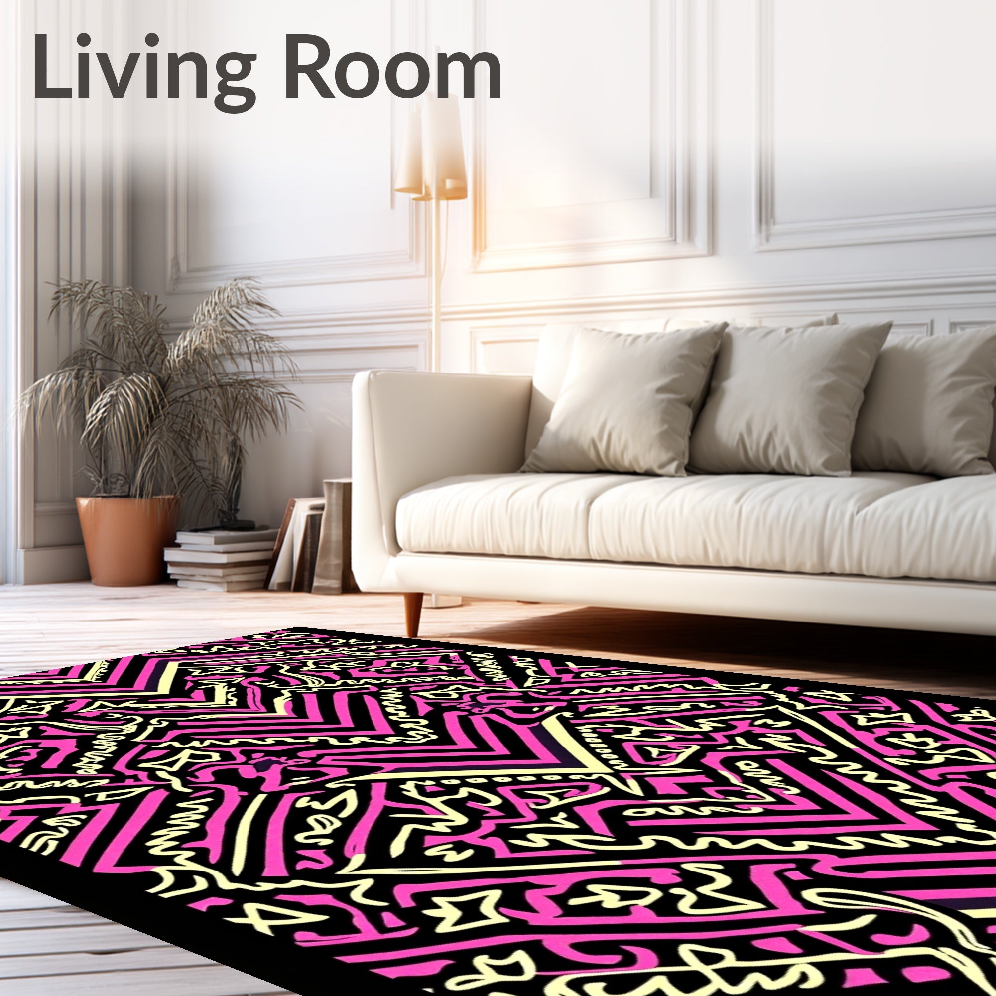 Vibrant Pink Black Geometric Abstract Rug