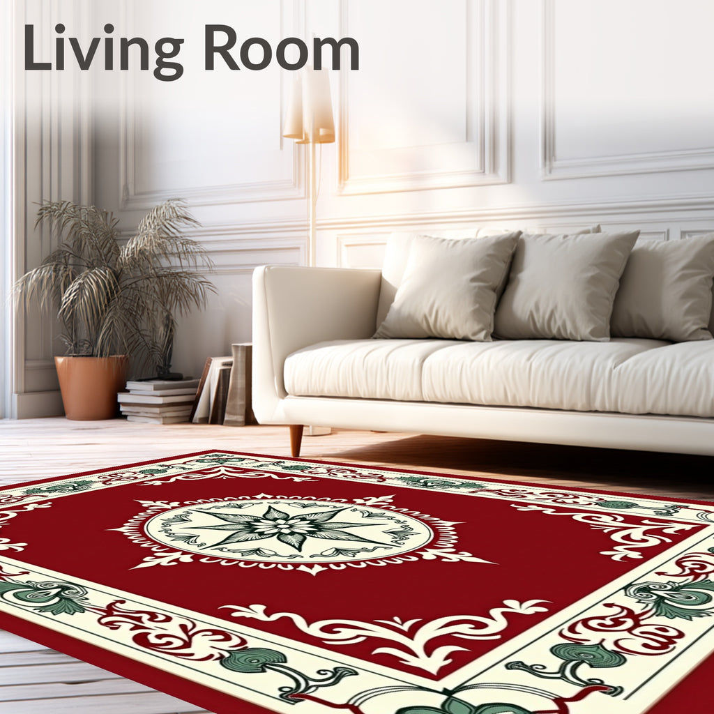 Crimson Red Botanical Medallion Border Rug