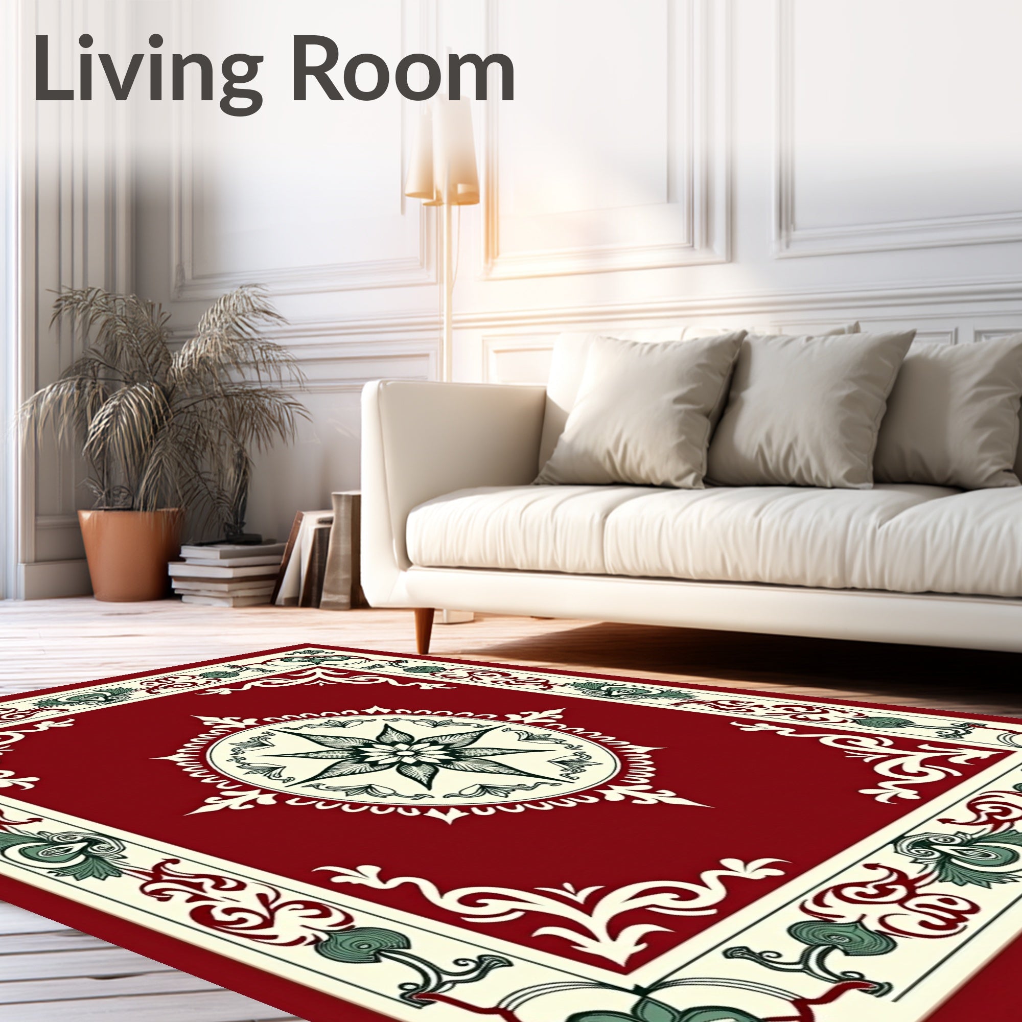 Crimson Red Botanical Medallion Border Rug