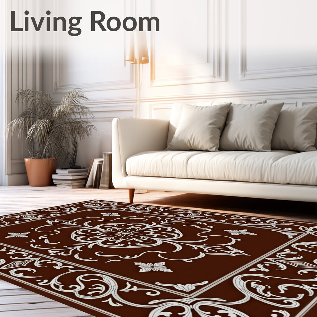 Rich Brown White Floral Medallion Rug