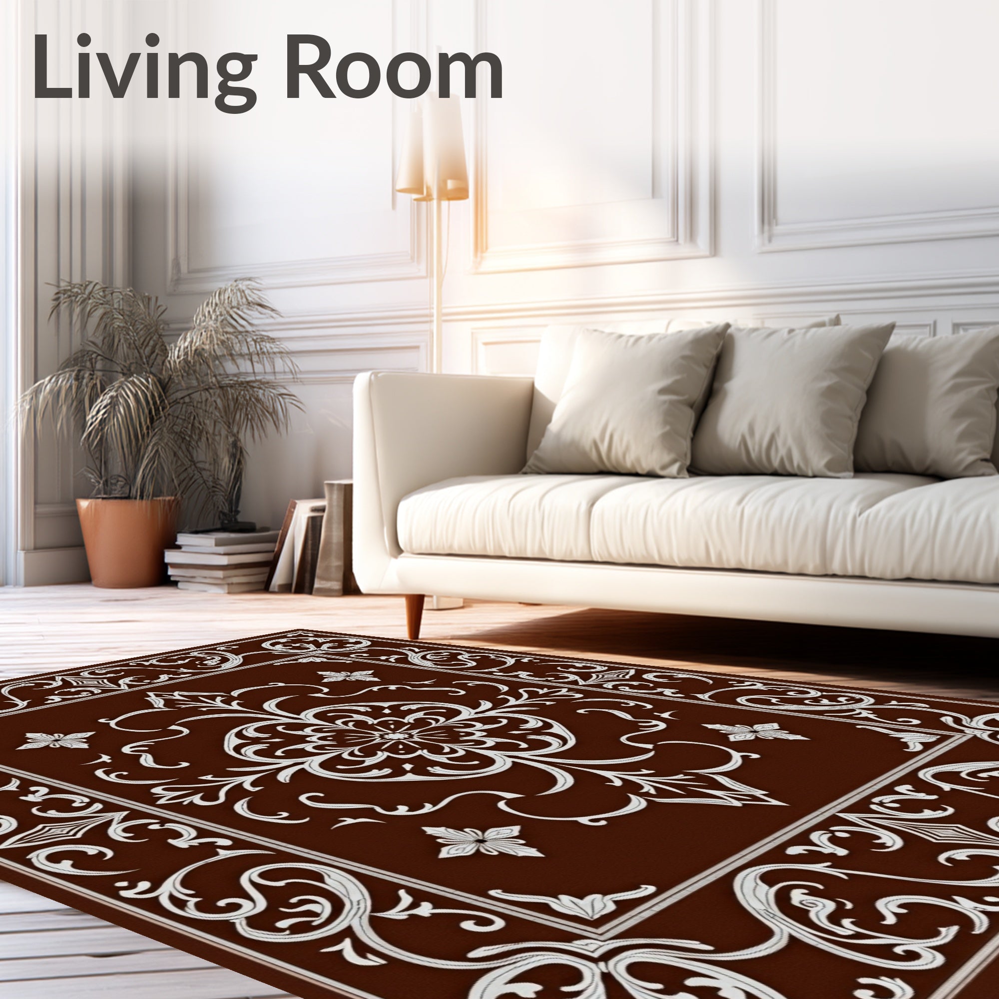 Rich Brown White Floral Medallion Rug