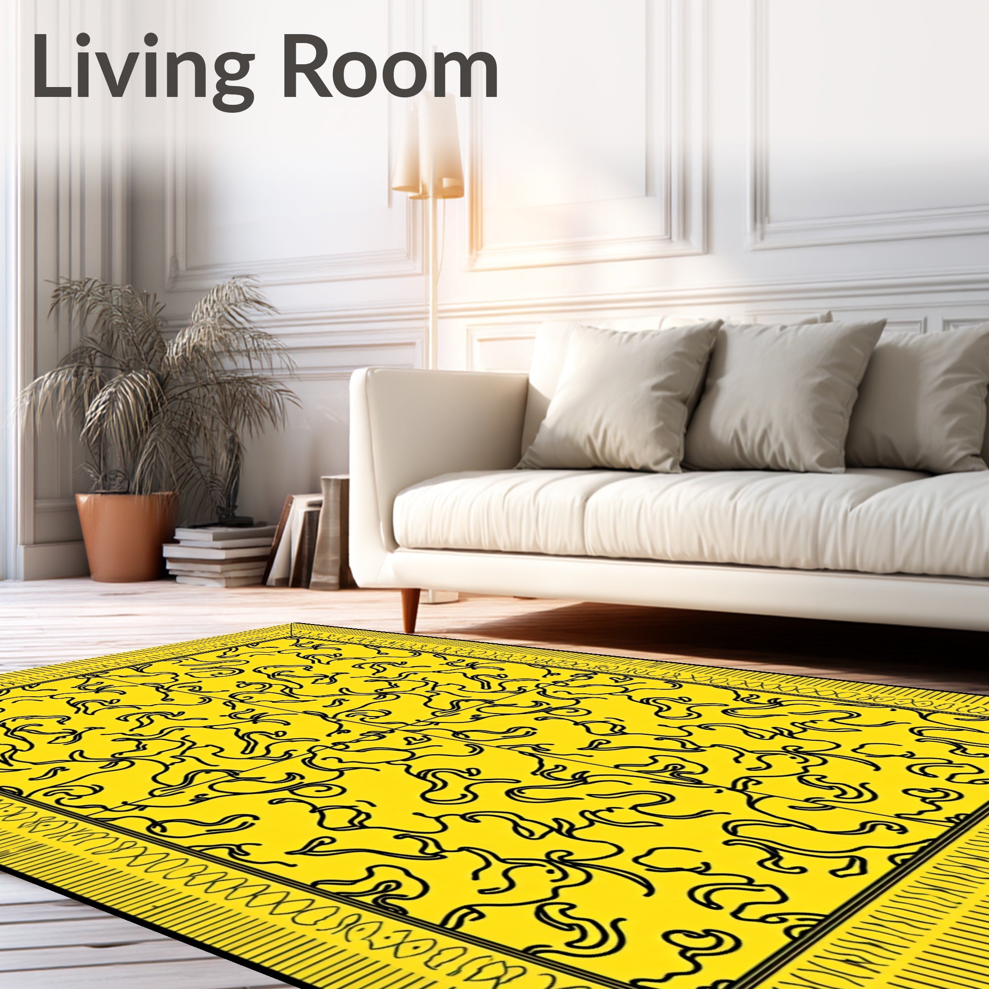 Bright Yellow Abstract Swirls Bordered Rug