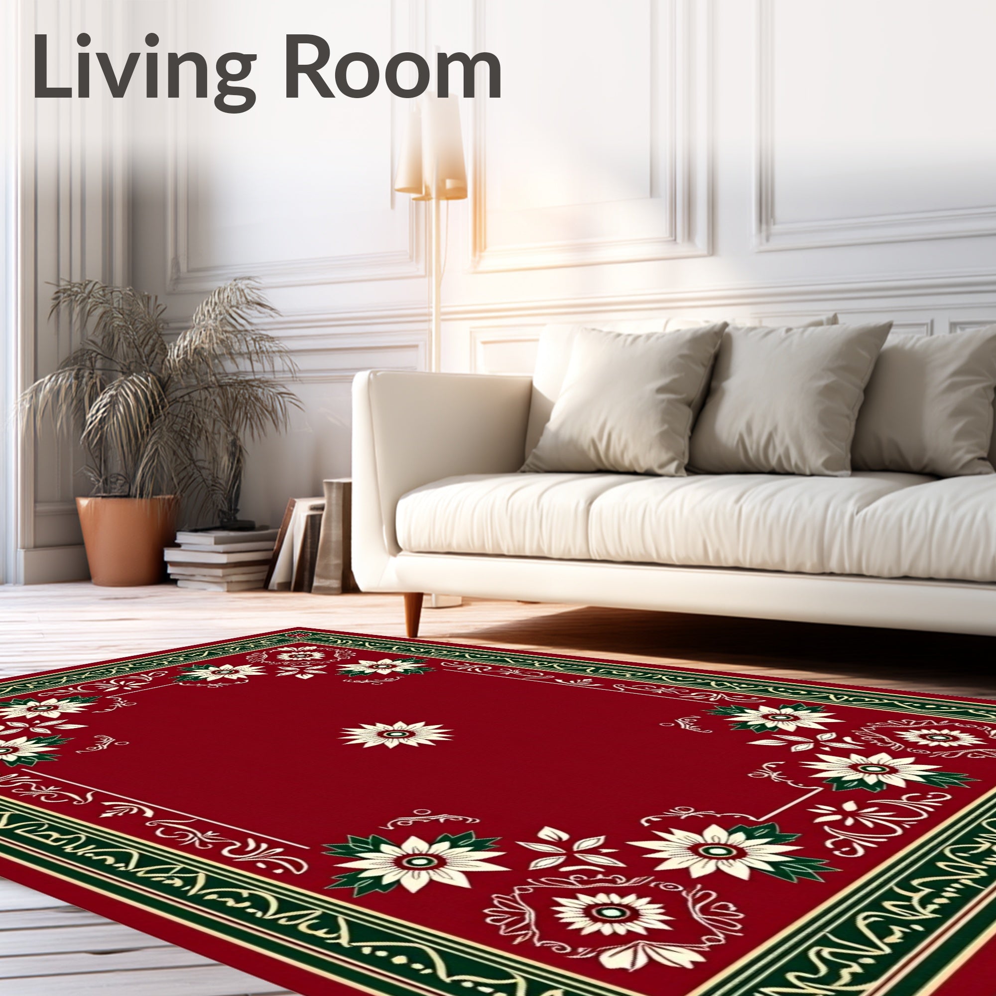 Rich Crimson White Floral Border Rug