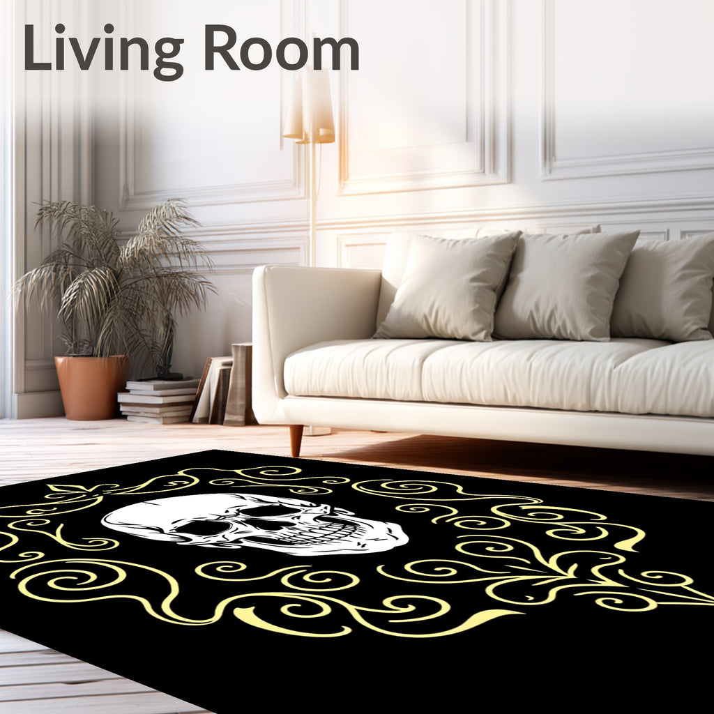 White Skull Yellow Scroll Emblem Rug
