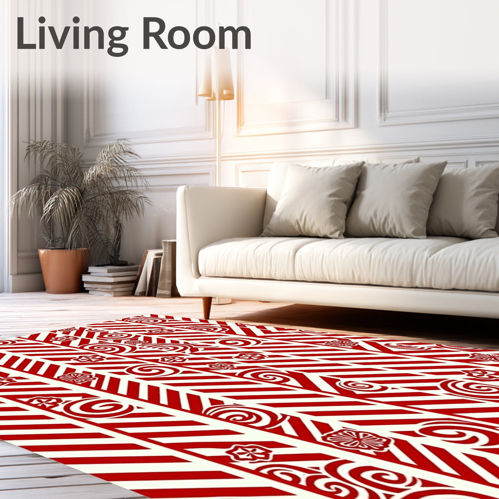 Red Swirls and Flowers Chevron Rug