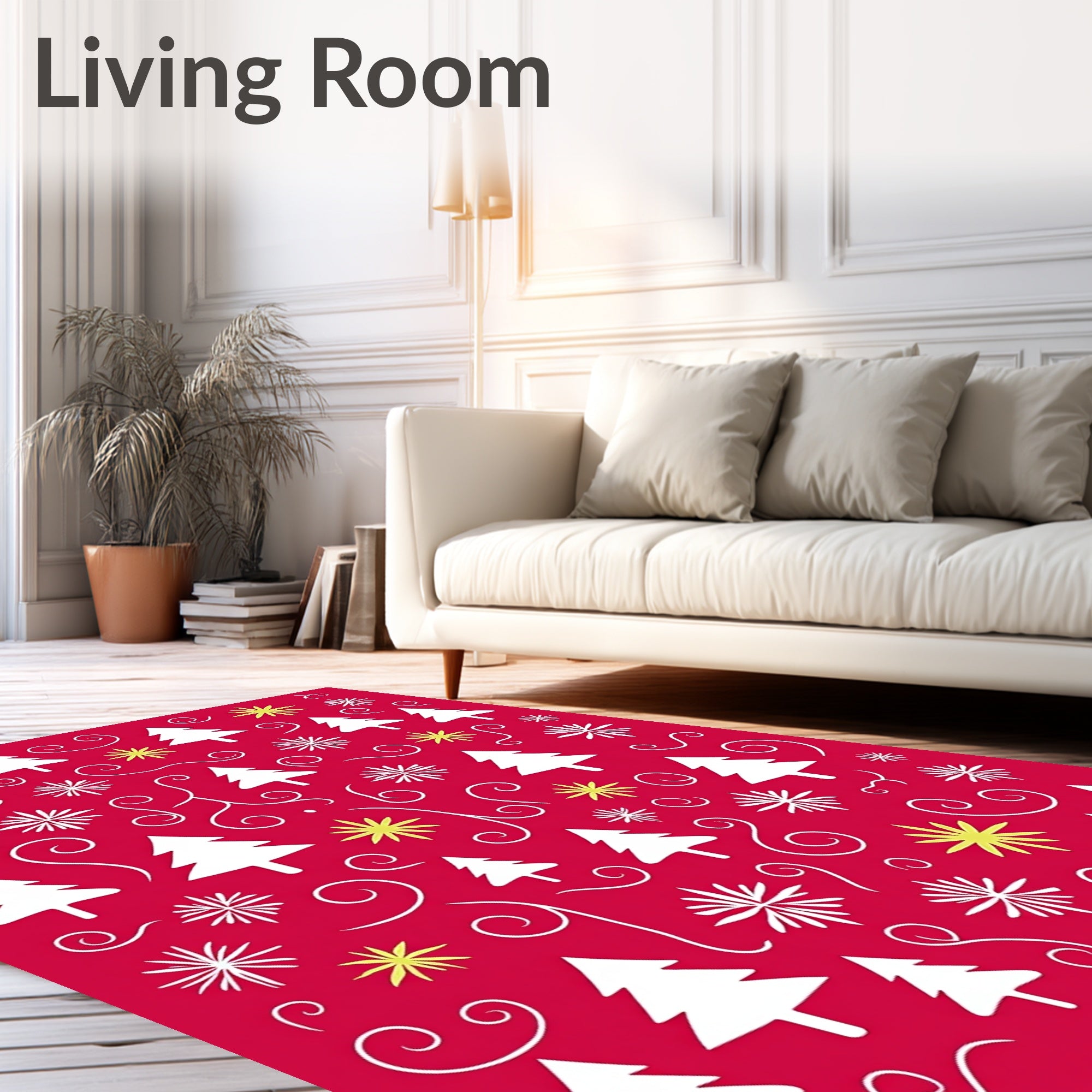 White Pine Tree Snowflake Swirl Red Design Rug