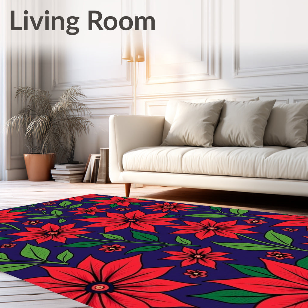 Bold Red Poinsettia Floral Navy Rug