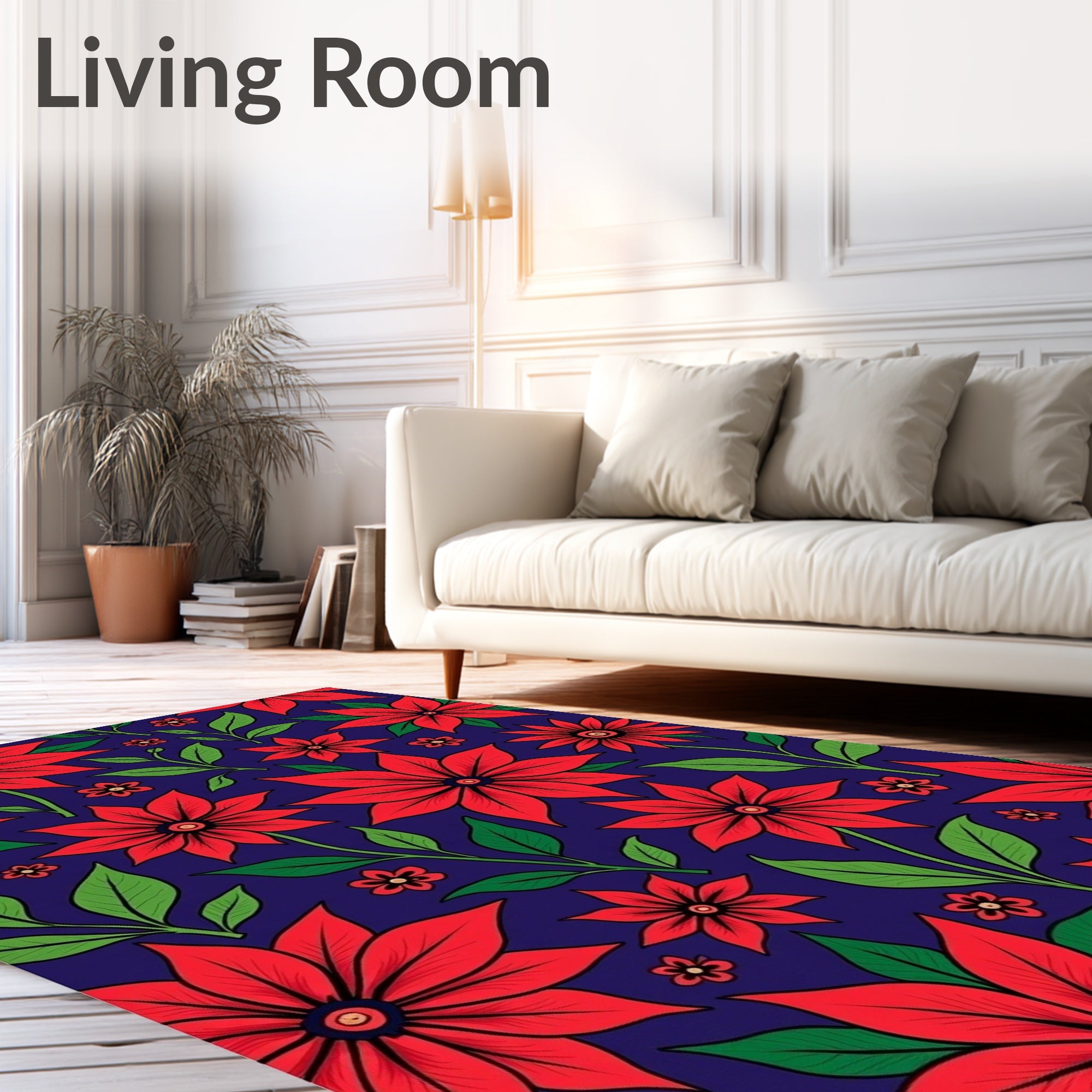 Bold Red Poinsettia Floral Navy Rug