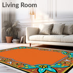 Orange Teal Floral Crest Frame Rug