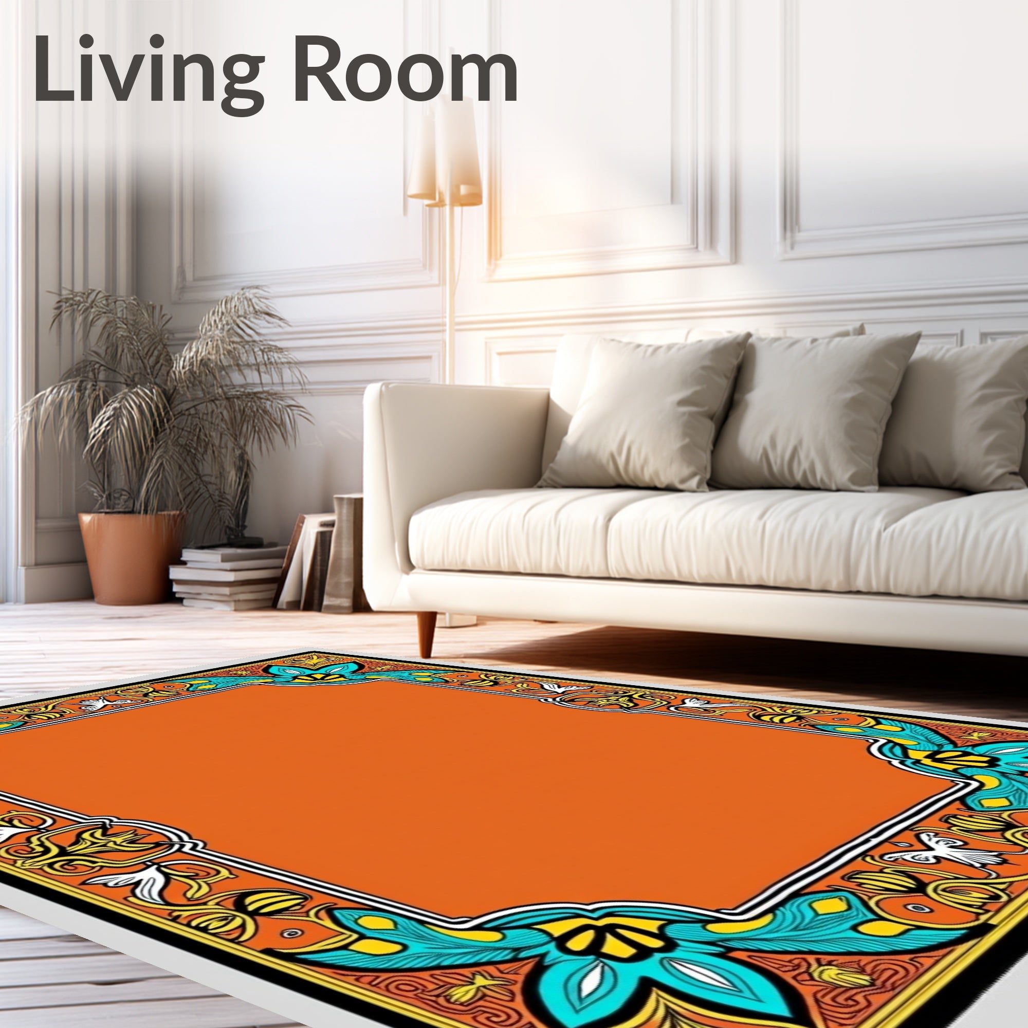 Orange Teal Floral Crest Frame Rug