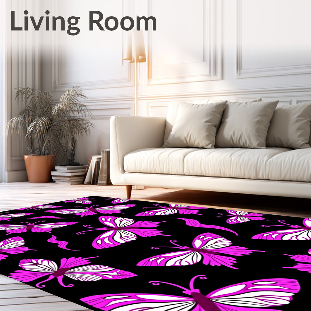 Vibrant Pink Butterfly Black Background Rug