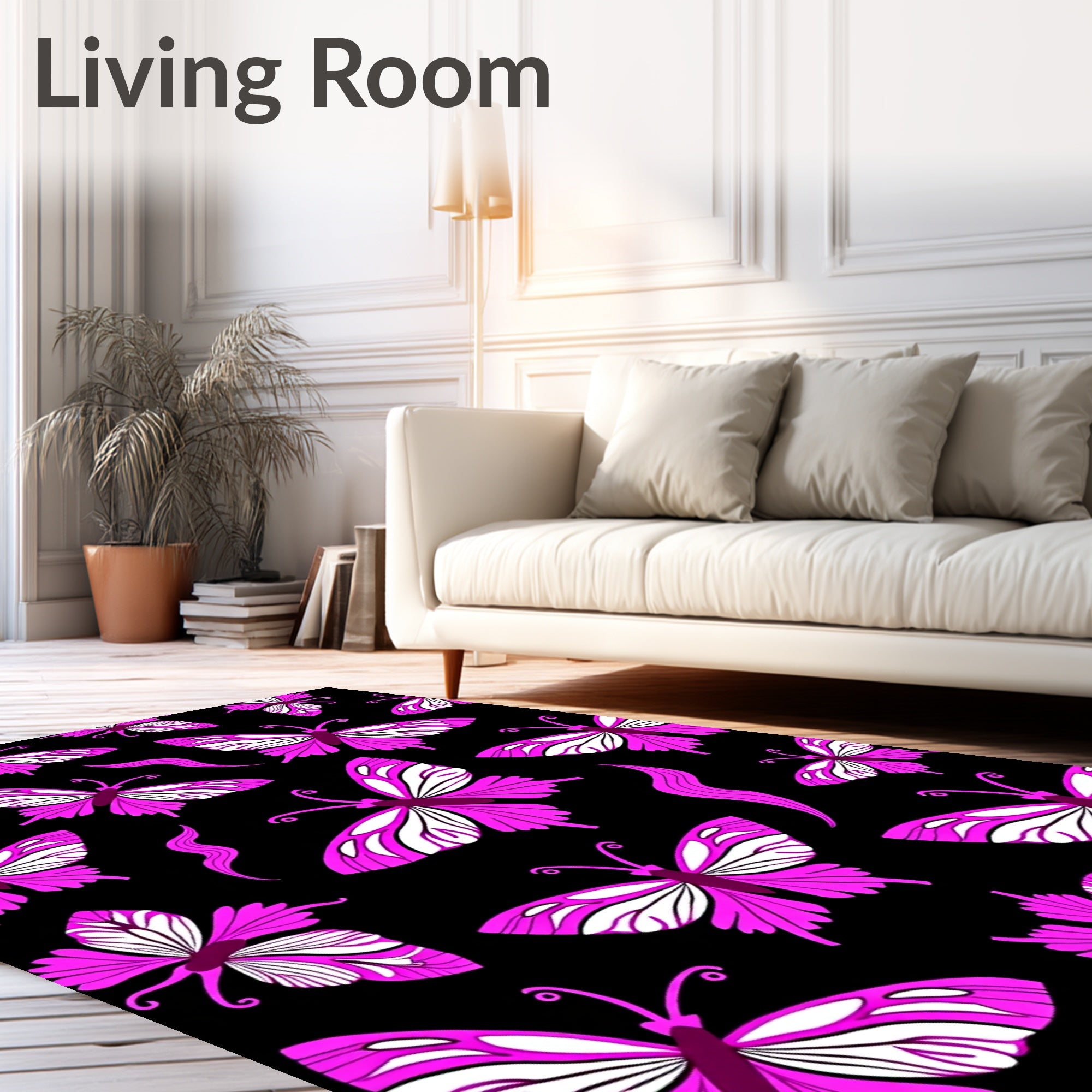 Vibrant Pink Butterfly Black Background Rug