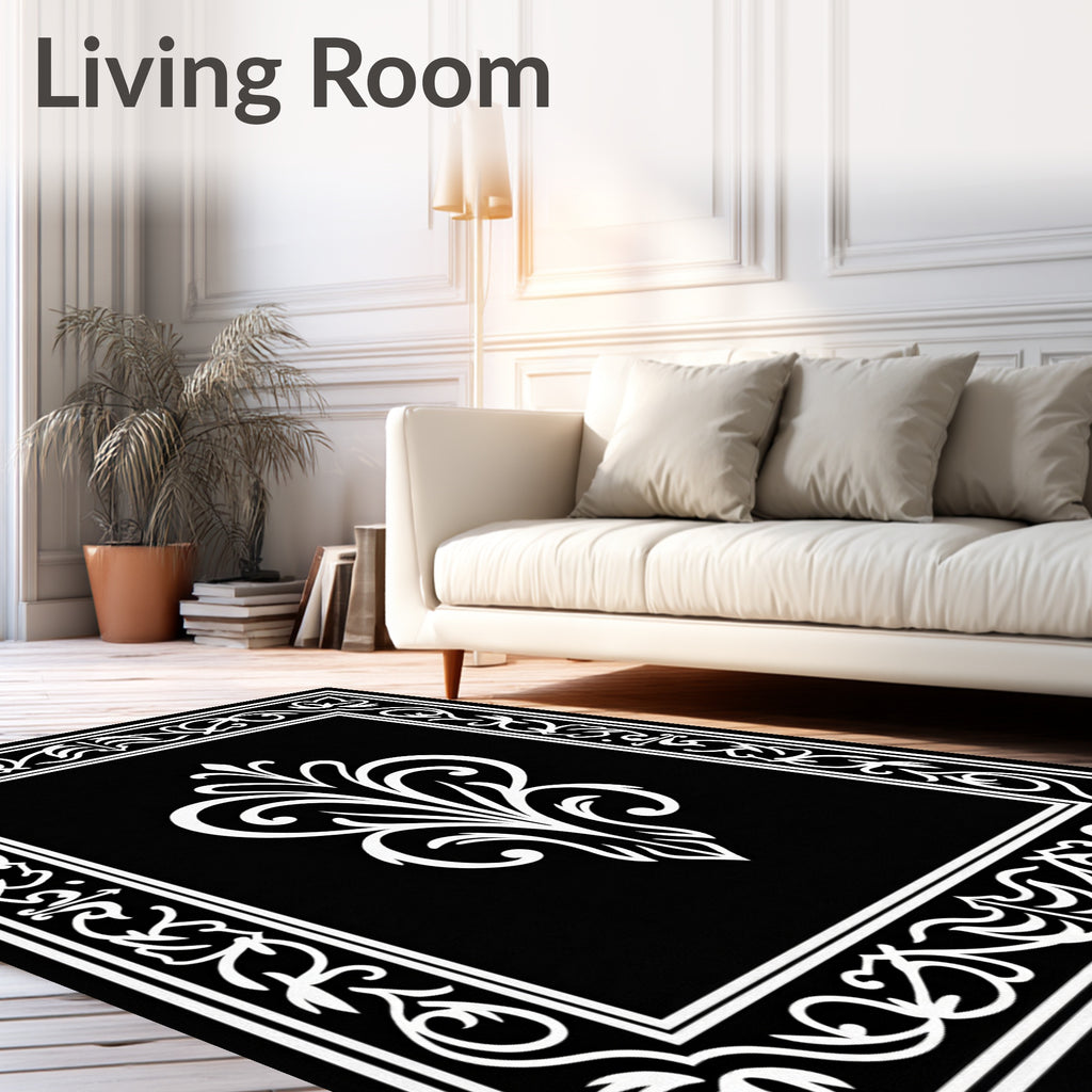 Elegant Black White Scroll Work Rug