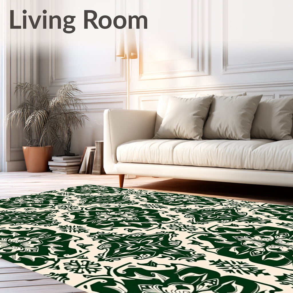 Dark Emerald Floral Damask Tile Rug