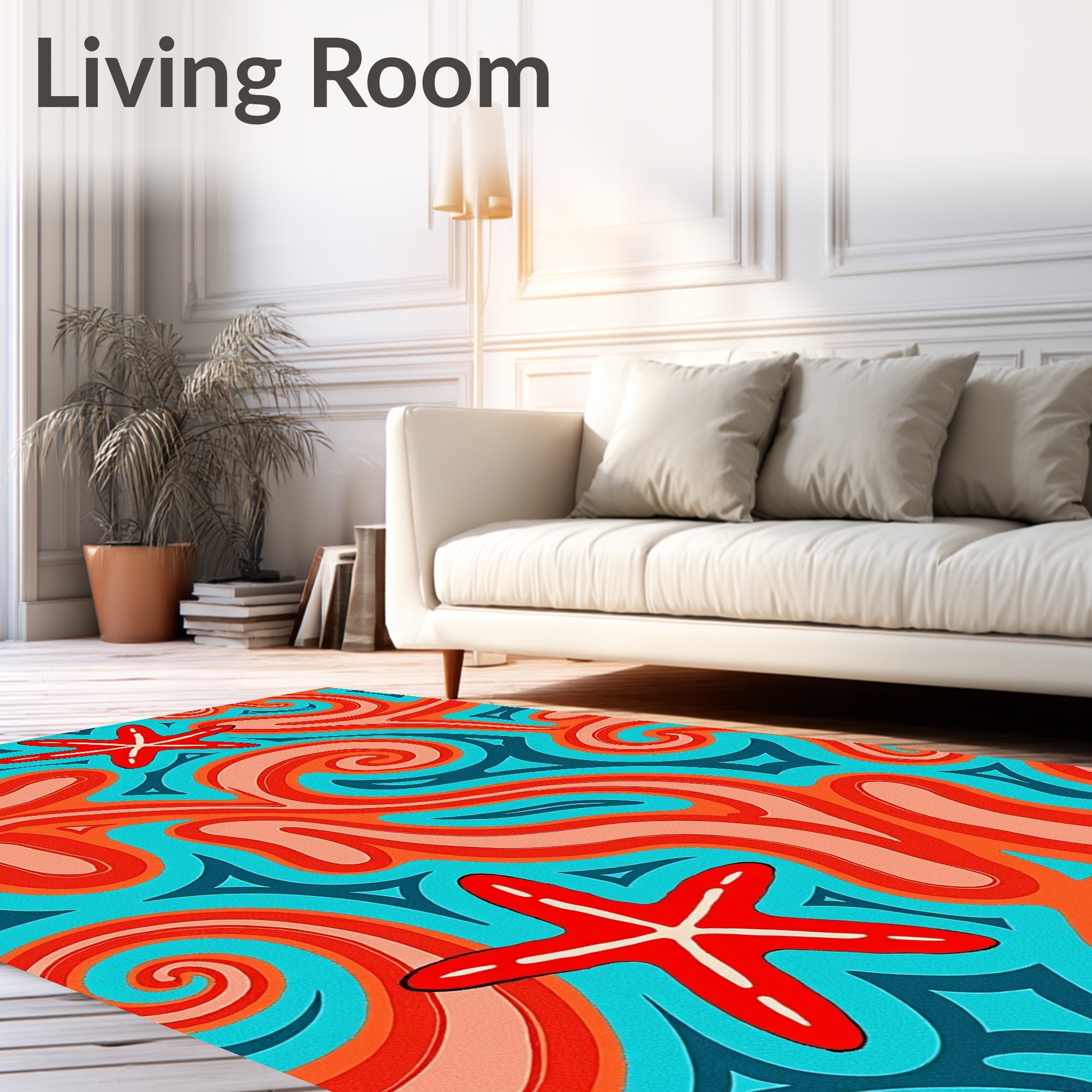 Retro Coral Starfish Swirls Rug