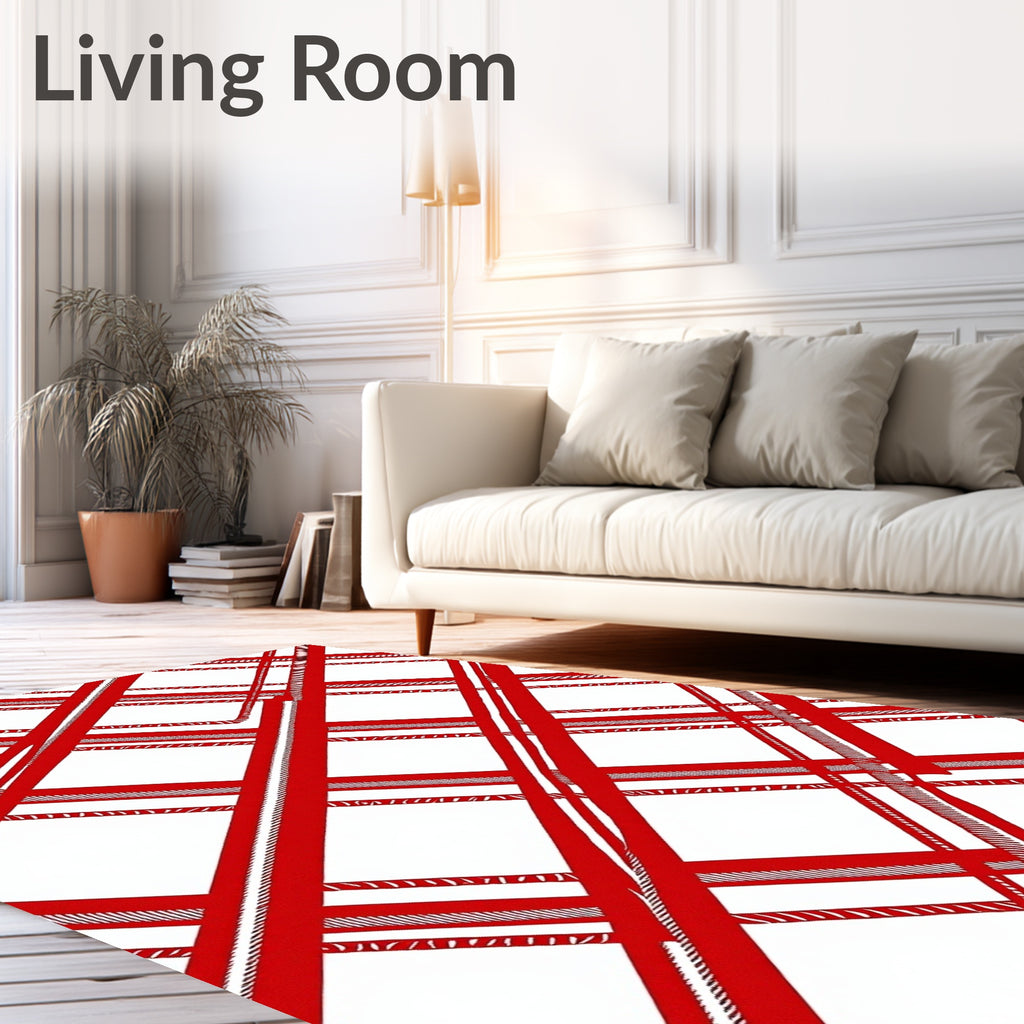 Bold Red White Plaid Intersecting Lines Rug