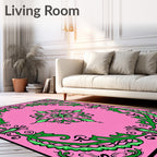 Pink Green Scrollwork Medallion Rug