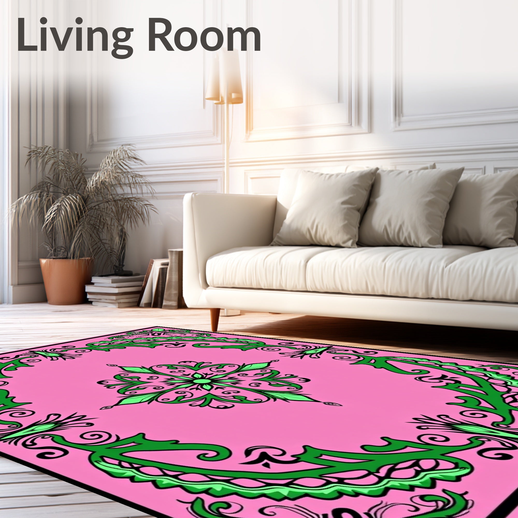 Pink Green Scrollwork Medallion Rug
