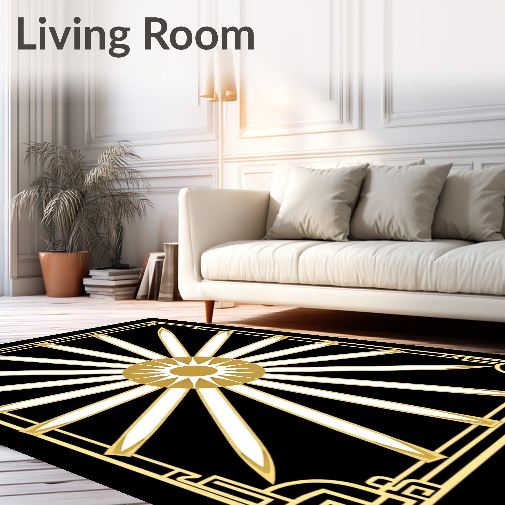 Gold White Sunburst Art Deco Rug