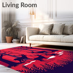 Crimson Forest Deer Silhouette Scene Rug