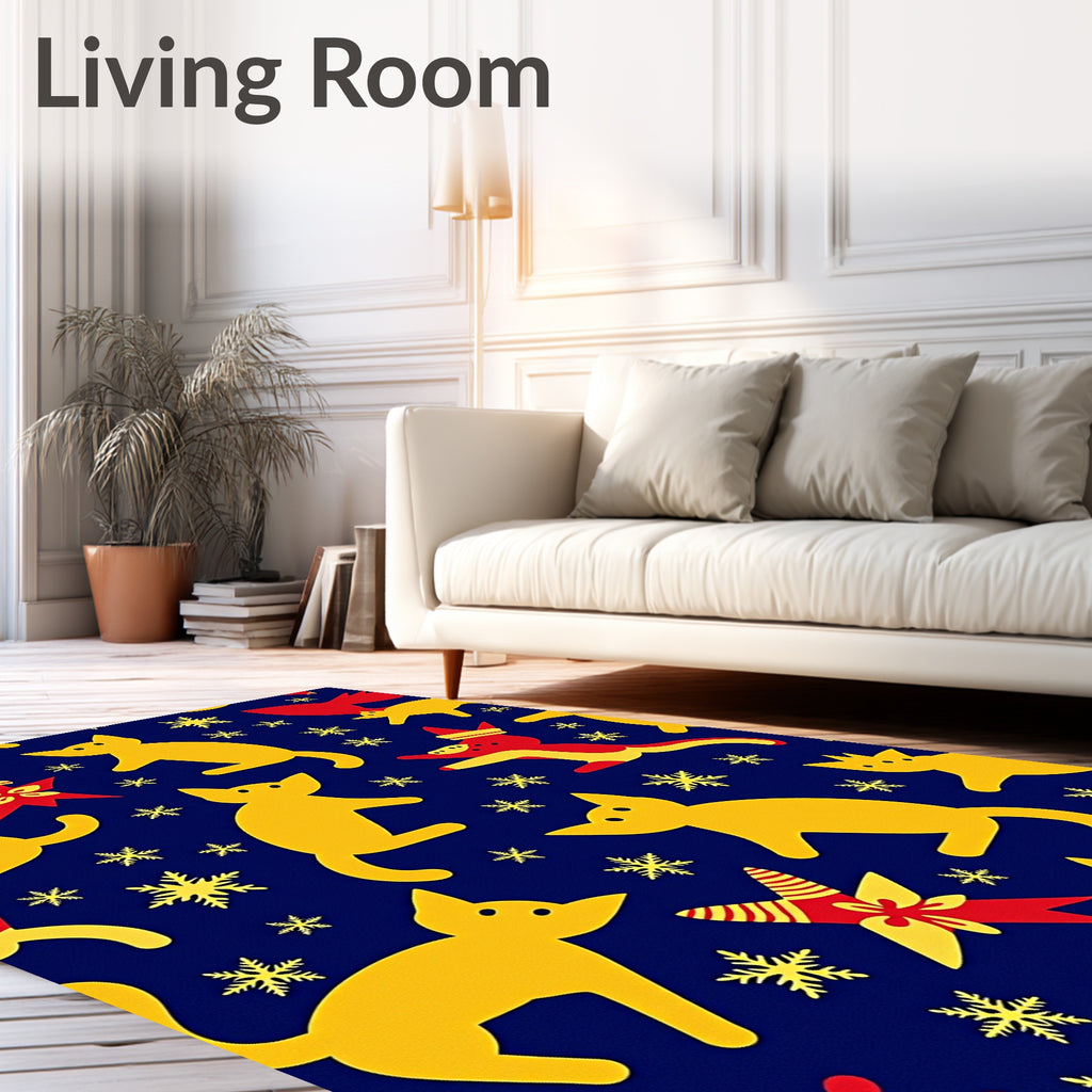 Yellow Cats Snowflakes Red Stars Navy Rug