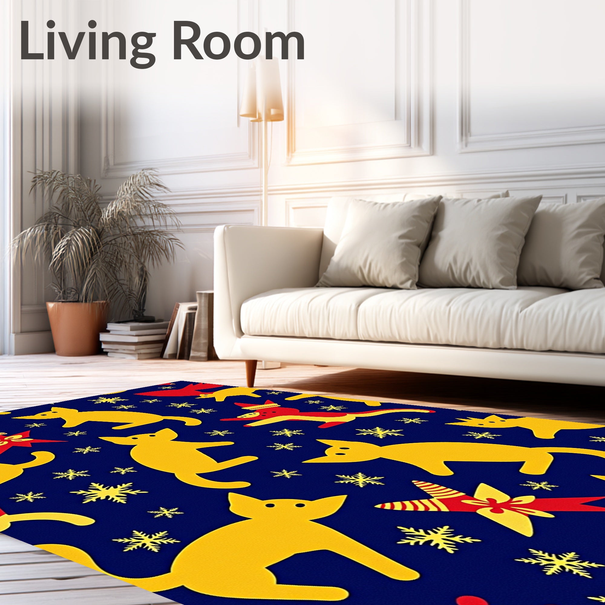 Yellow Cats Snowflakes Red Stars Navy Rug