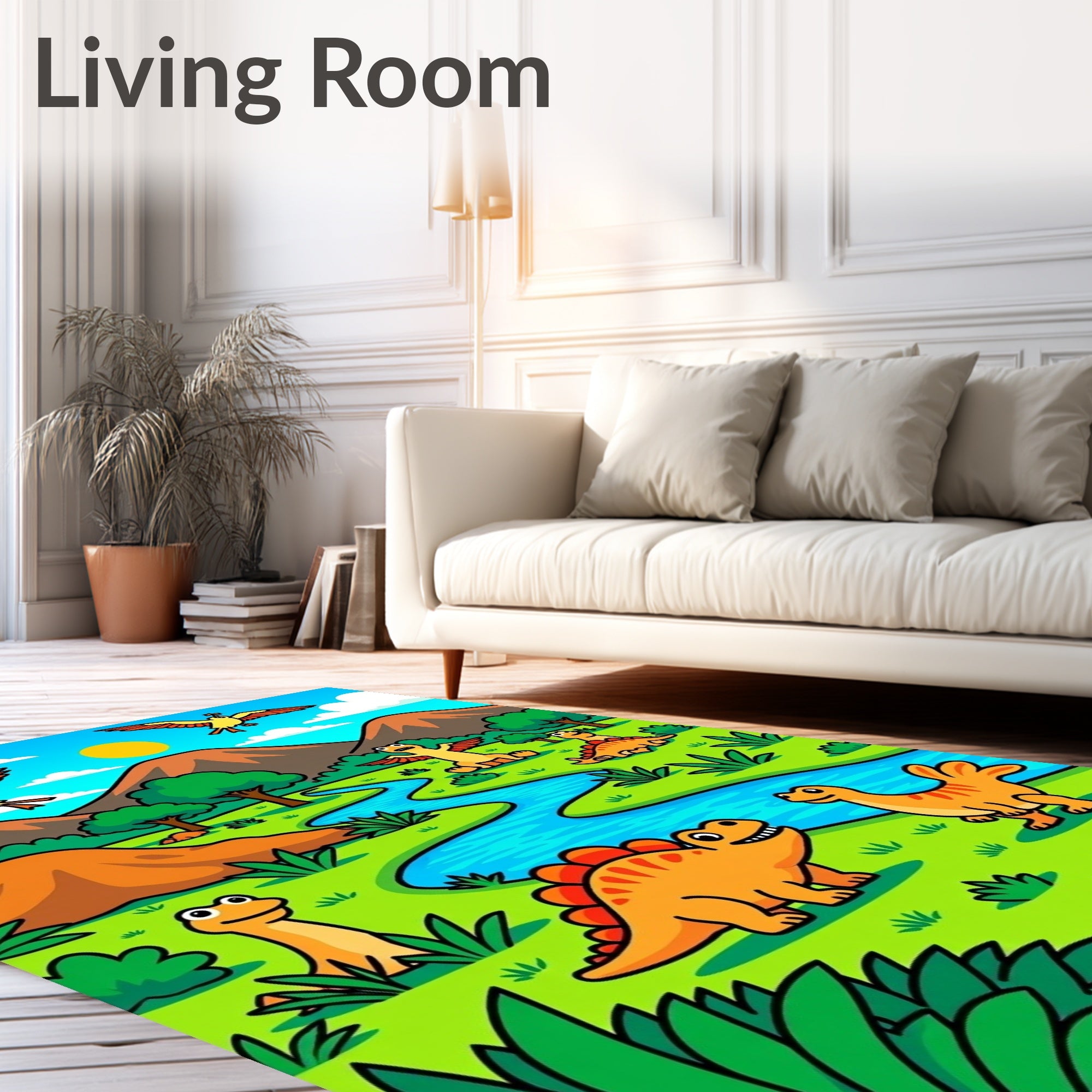 Prehistoric Dino River Landscape Scene Rug