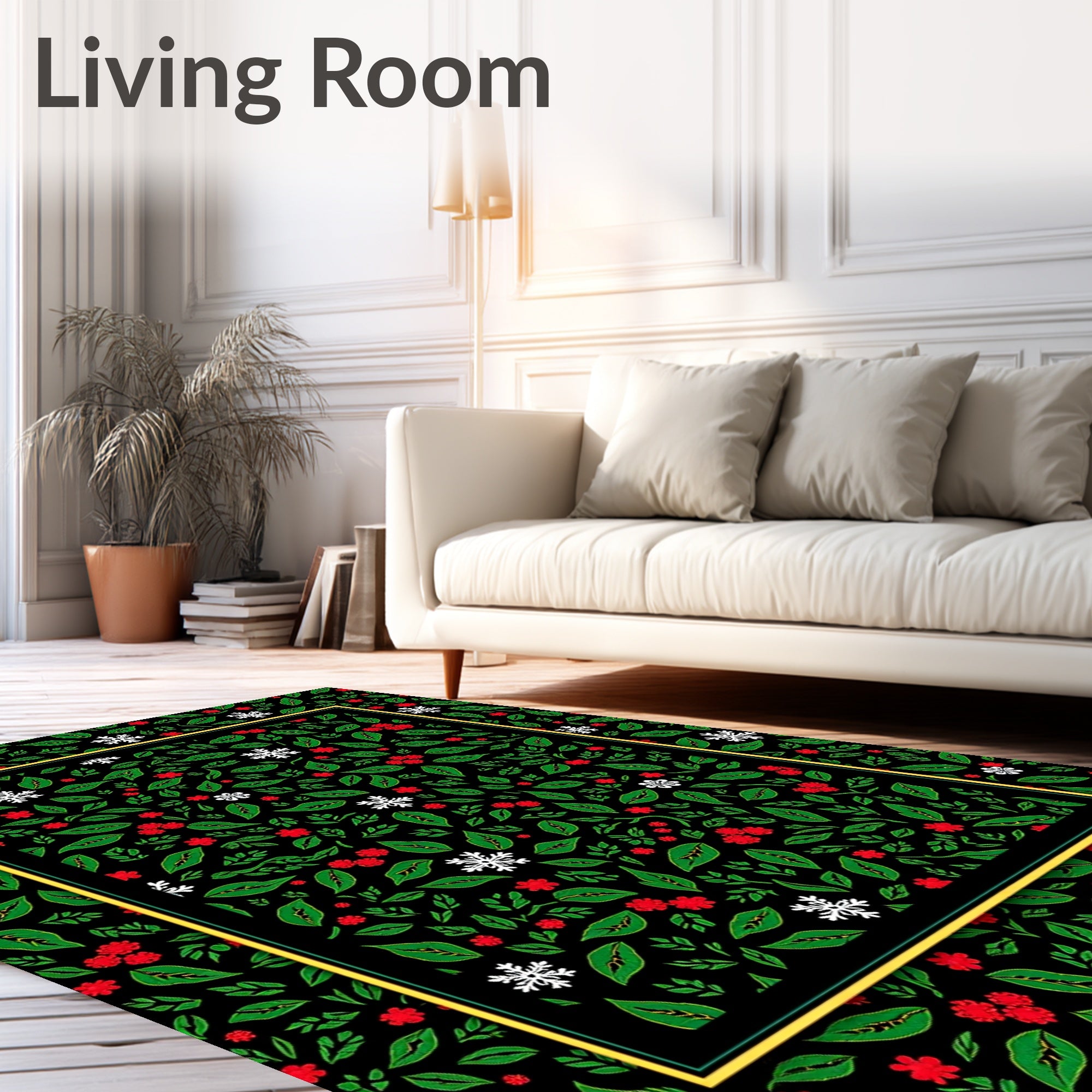 Festive Red White Green Floral Snowflakes Rug