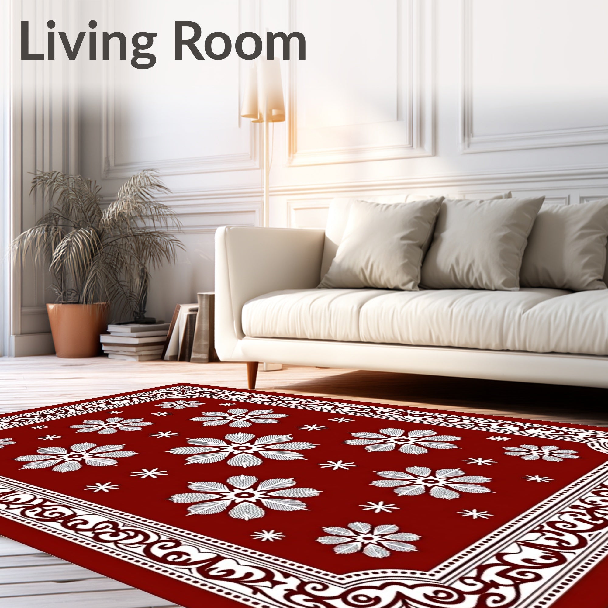 Crimson White Floral Border Rug