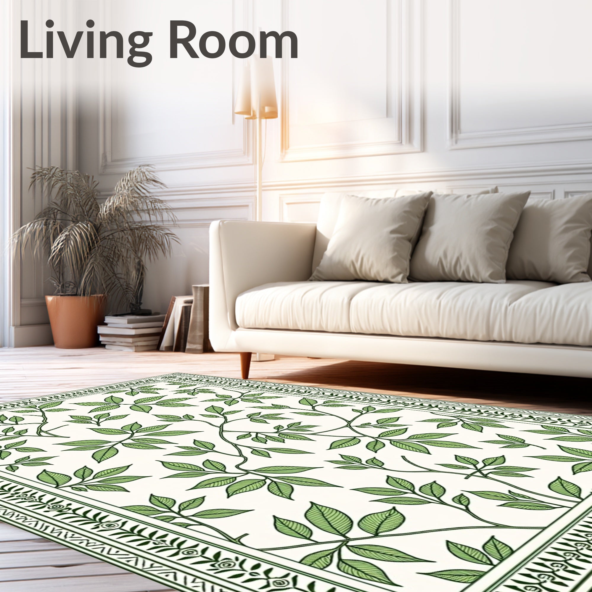 White Green Leaf Vine Botanical Border Rug