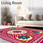 Crimson Teal Floral Medallion Border Rug