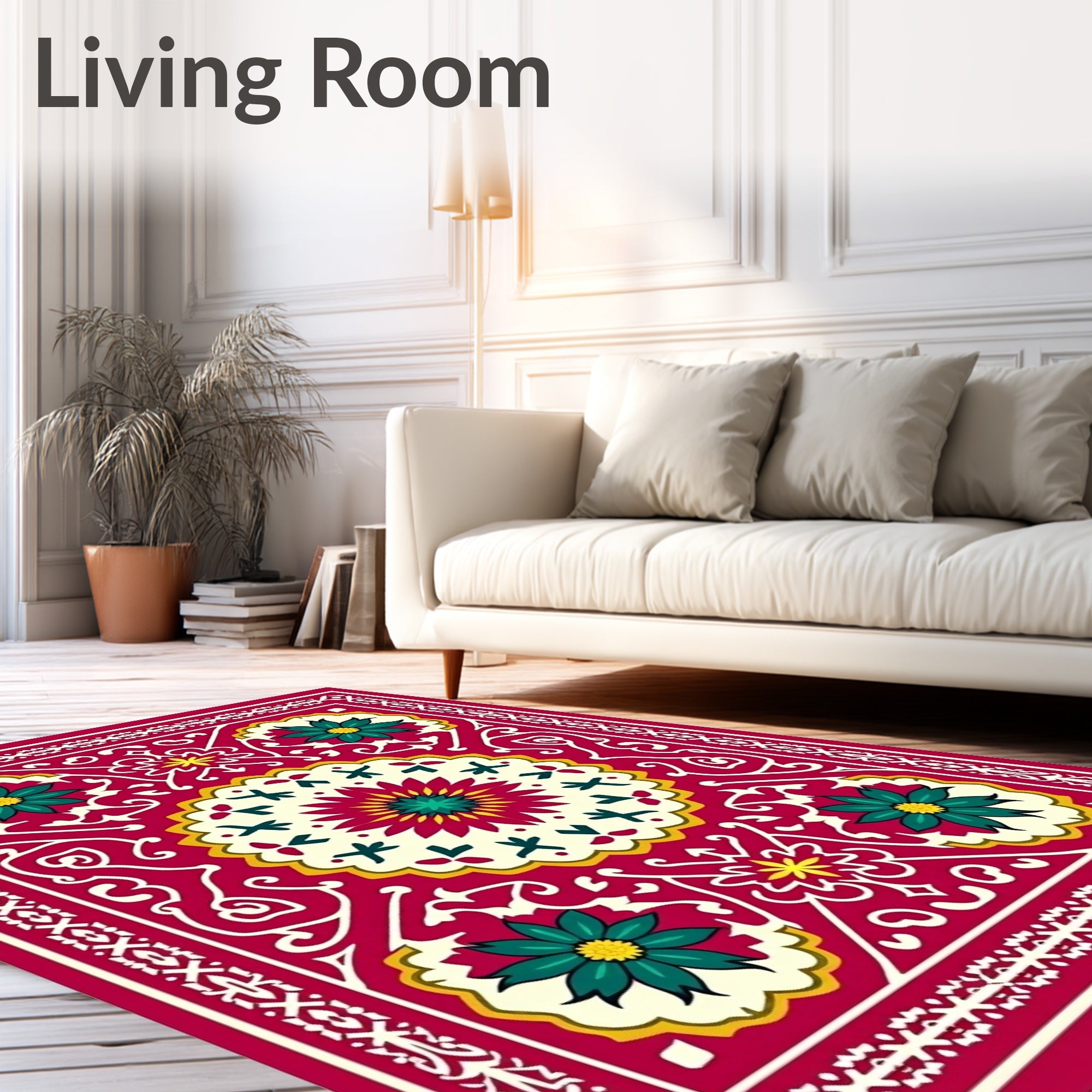 Crimson Teal Floral Medallion Border Rug