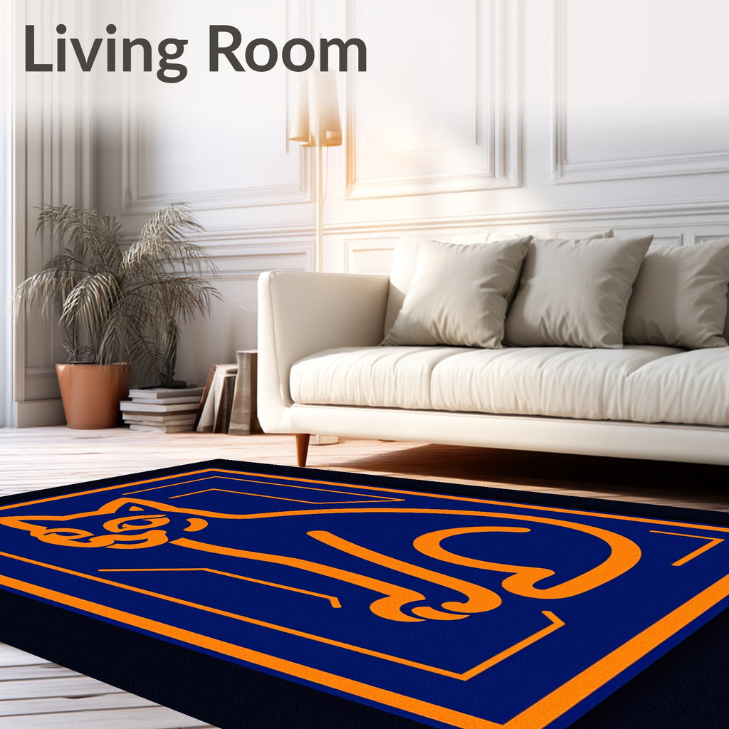 Orange Cat In Blue Square Frame Rug