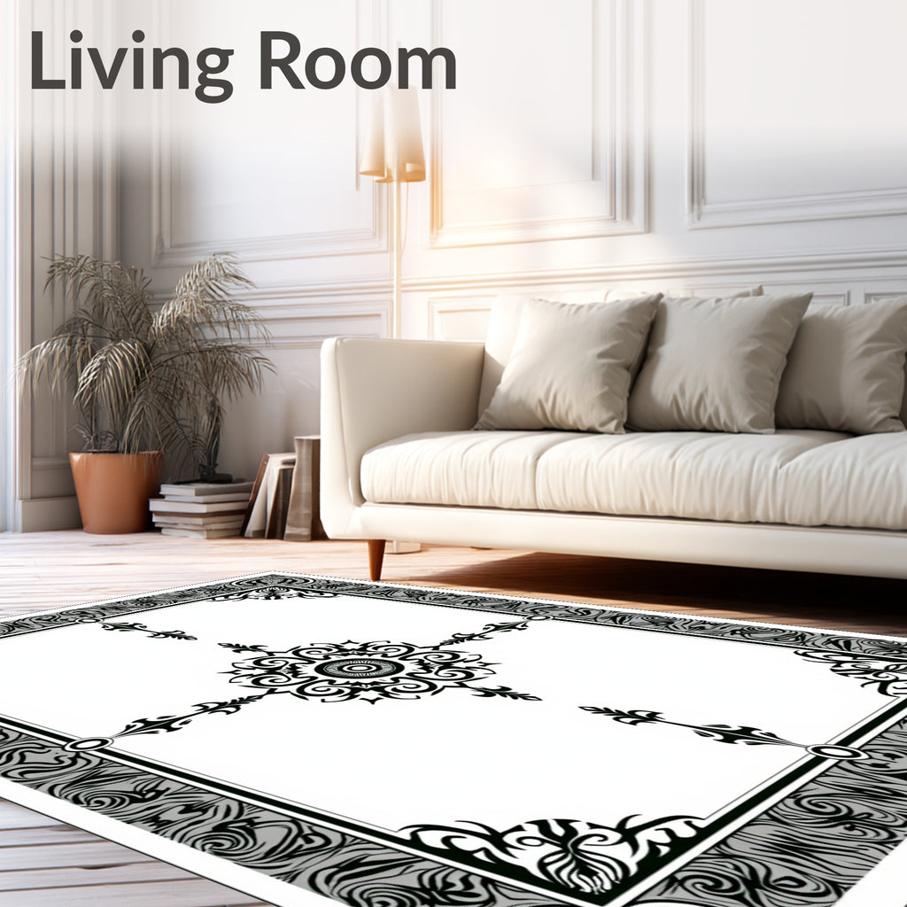 Black White Tribal Medallion Border Rug
