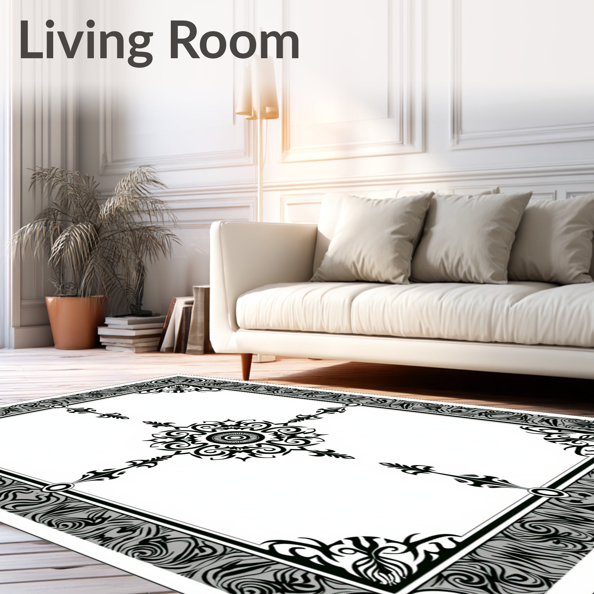 Black White Tribal Medallion Border Rug