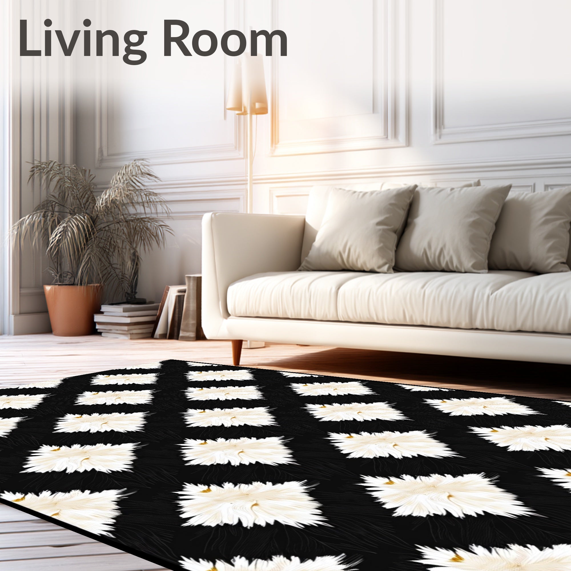 White Feather Diamonds Black Background Rug