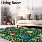 Emerald Green Whimsical Cat Floral Border Rug