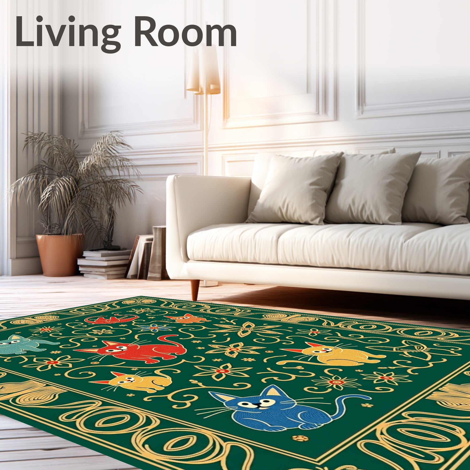 Emerald Green Whimsical Cat Floral Border Rug