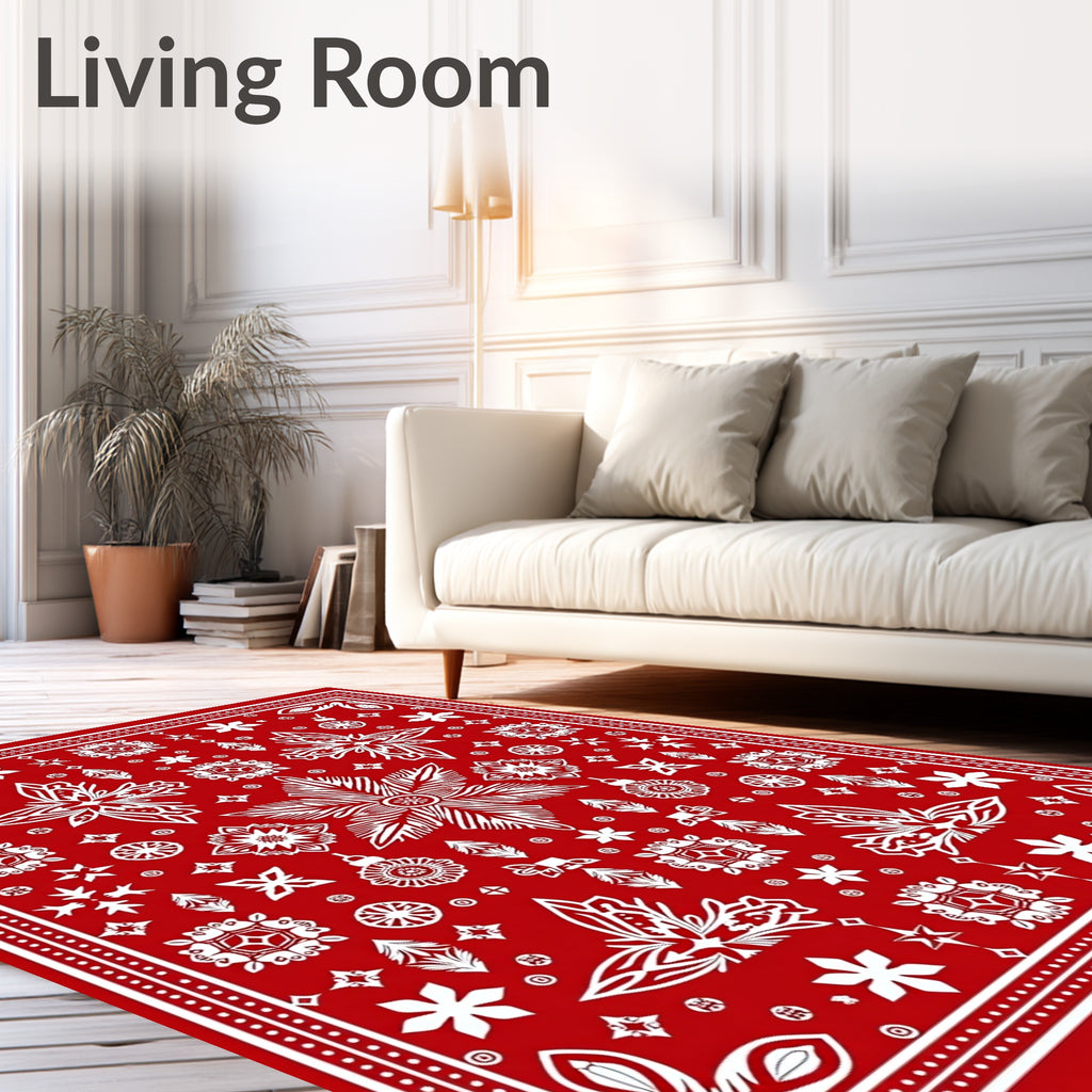 Red White Festive Ornate Floral Butterfly Rug