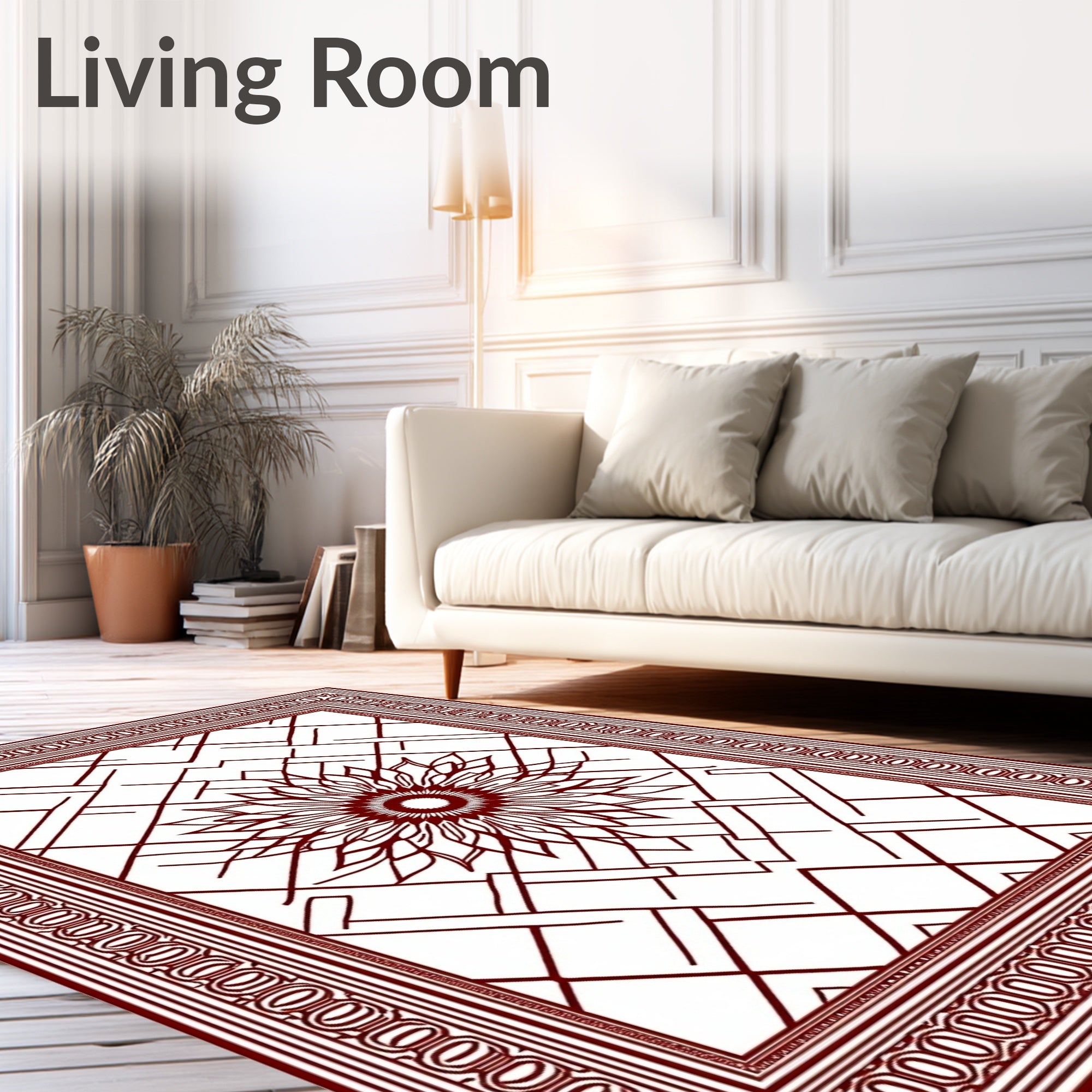 Crimson Sunburst Geometric Border Rug