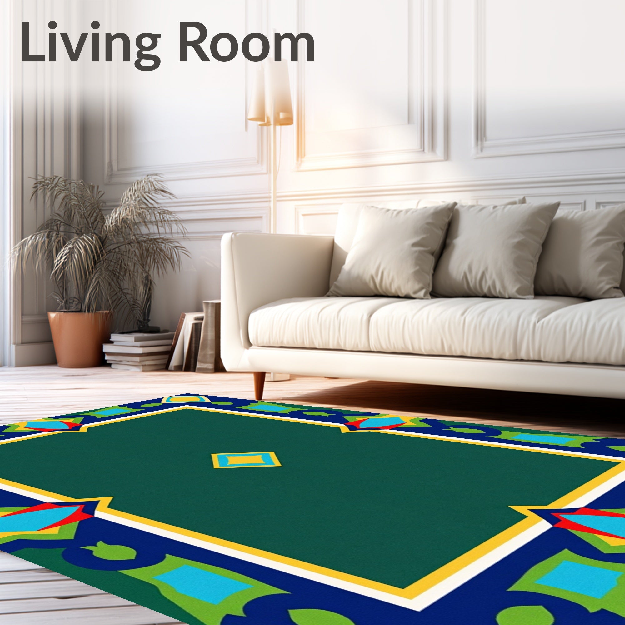 Green Jewel Toned Geometric Border Rug