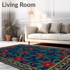 Red Poinsettia Blue Floral Border Rug