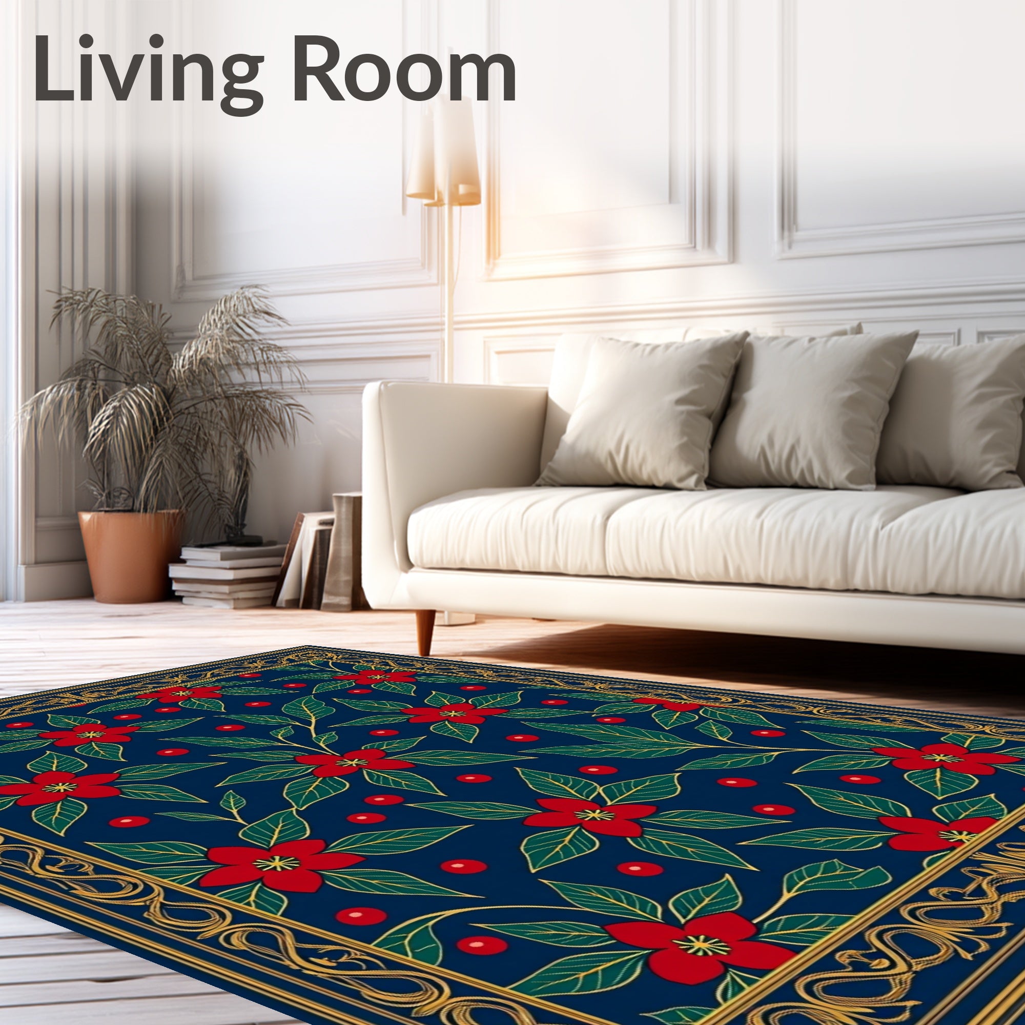 Red Poinsettia Blue Floral Border Rug