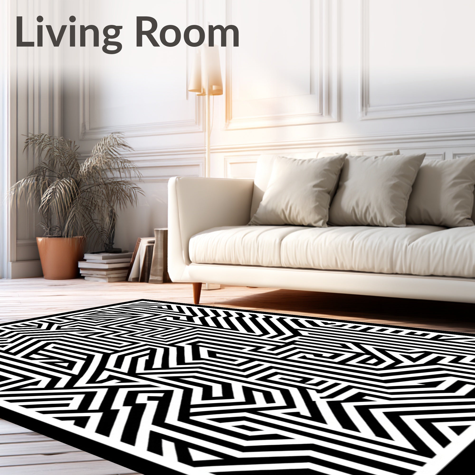Black White Geometric Maze Lines Rug