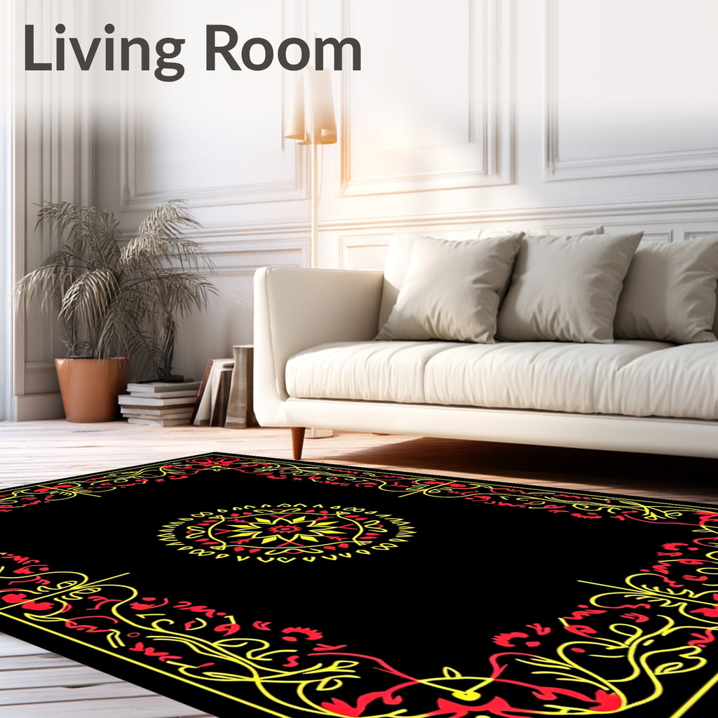 Red Yellow Floral Scroll Medallion Frame Rug