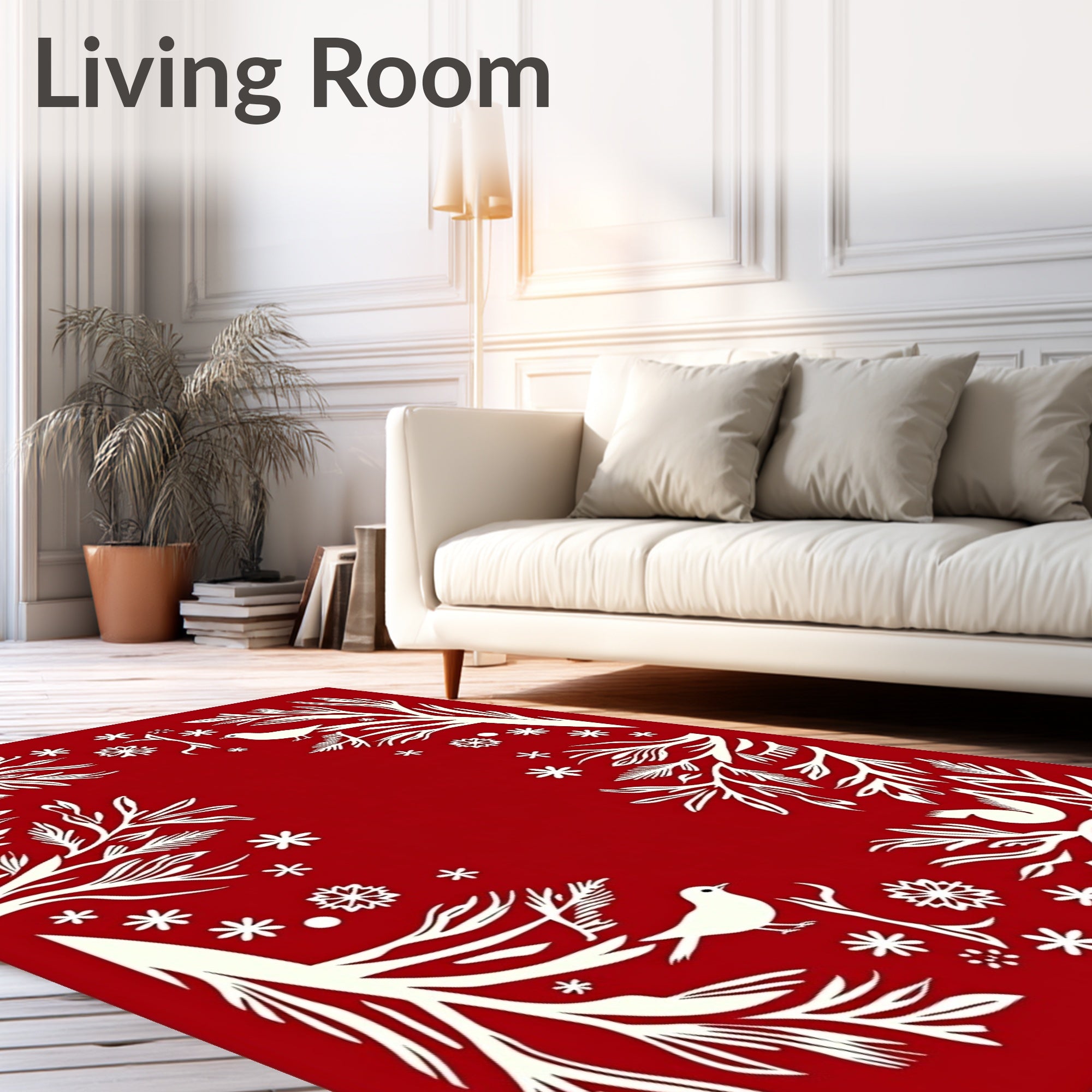 Crimson Winter Birds Snowflakes Border Rug