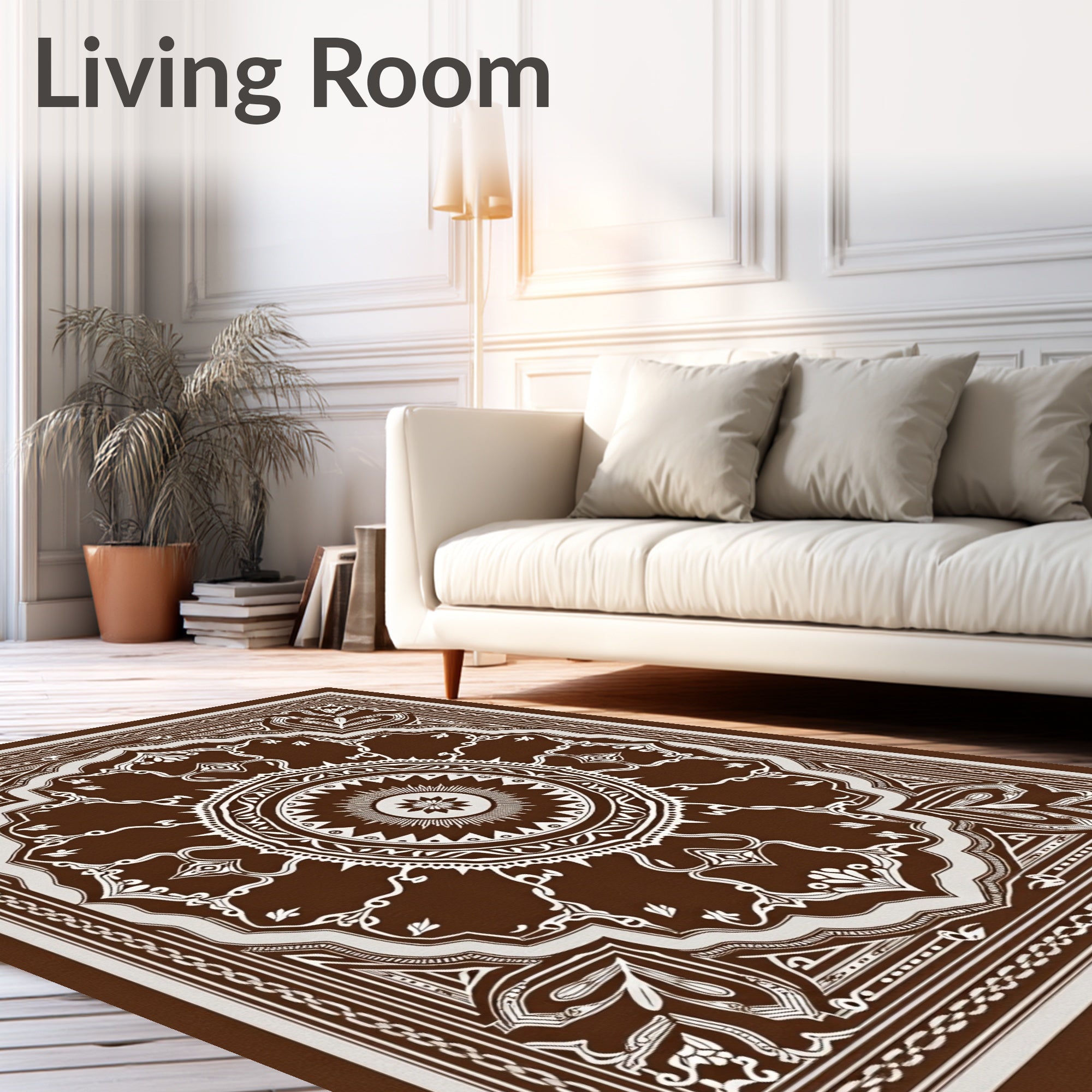Rich Brown White Medallion Floral Rug